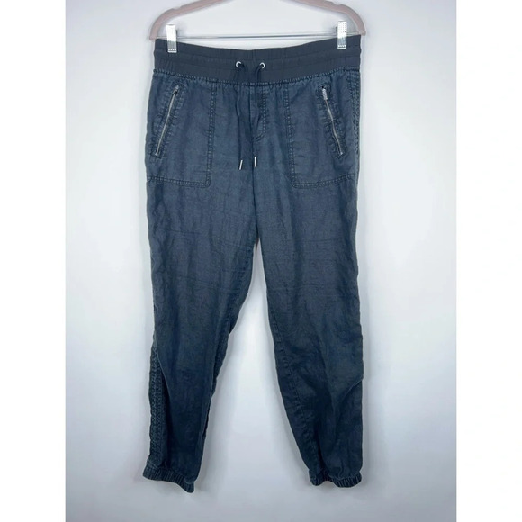 Athleta Cabo Linen Jogger Pants Black High Rise Zipper Pockets Neutral Size 10 - Picture 1 of 11